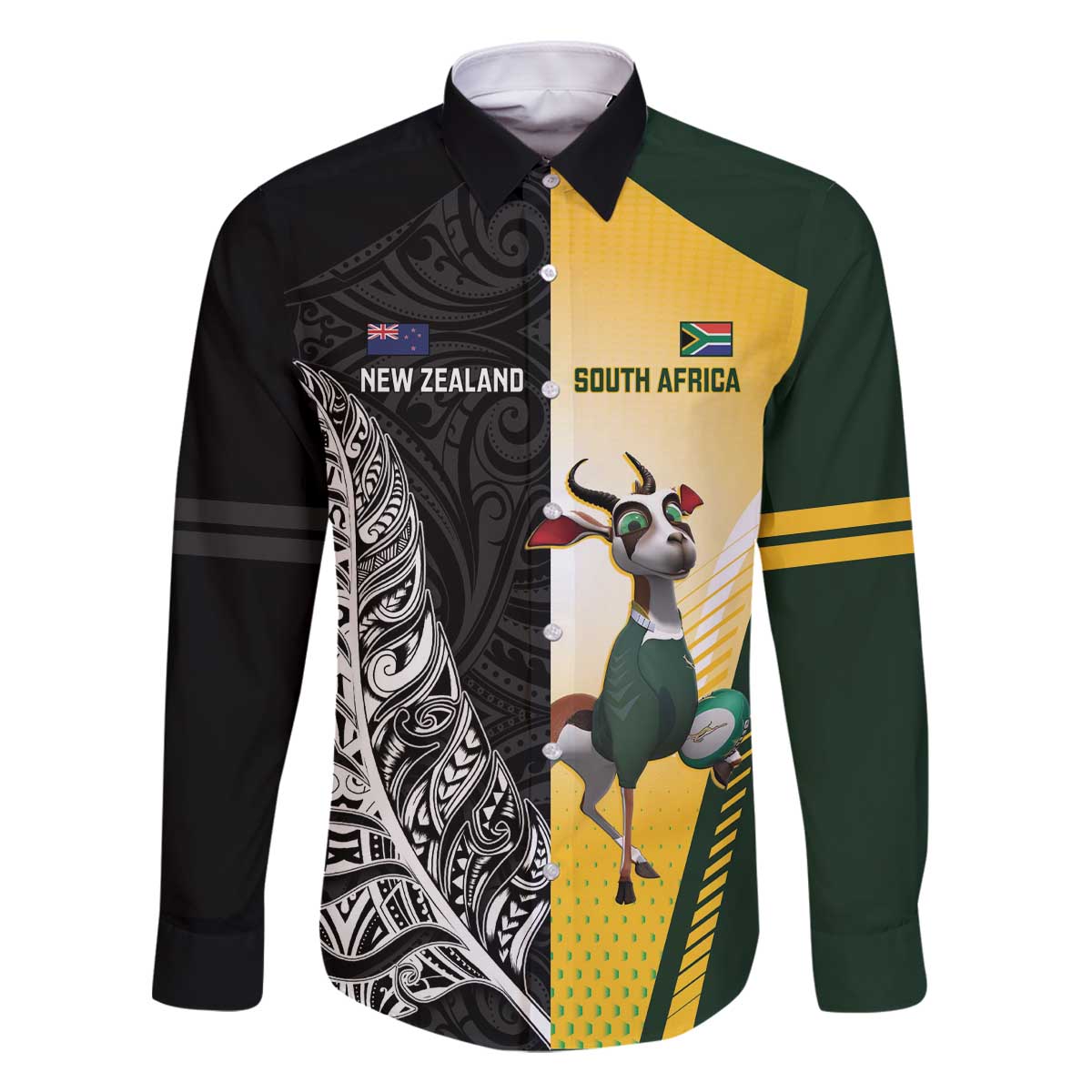 New Zealand and South Africa Rugby Custom Family Matching Off The Shoulder Long Sleeve Dress and Hawaiian Shirt Maori Silver Fern Springbok Together - Polynesian Pride