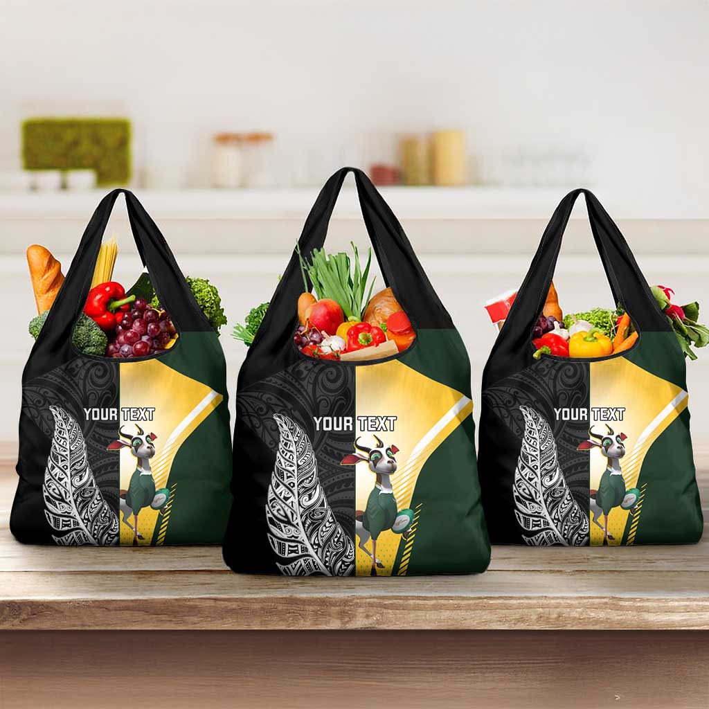 New Zealand and South Africa Rugby Custom Grocery Bag Maori Silver Fern Springbok Together - Polynesian Pride