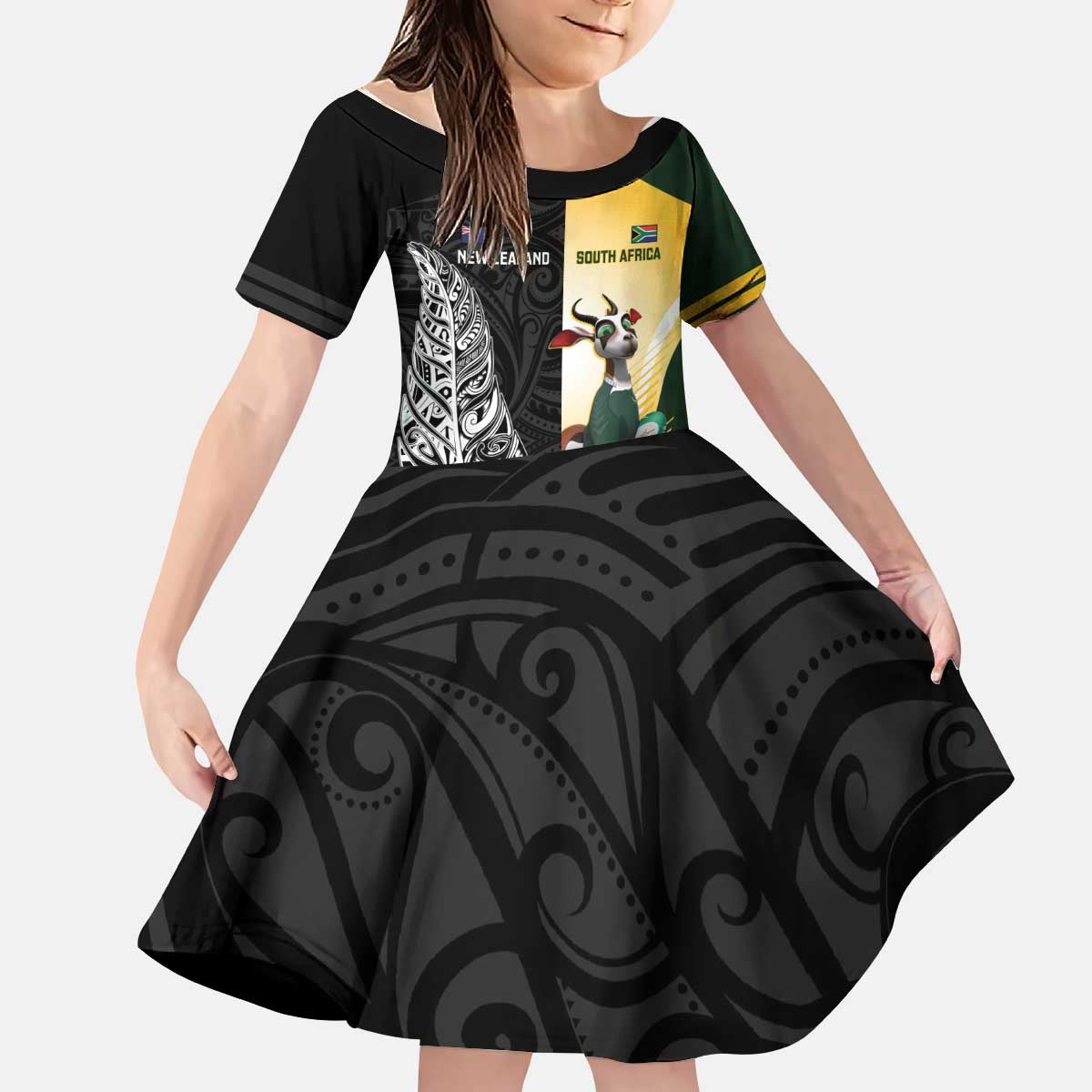 New Zealand and South Africa Rugby Custom Kid Short Sleeve Dress Maori Silver Fern Springbok Together - Polynesian Pride