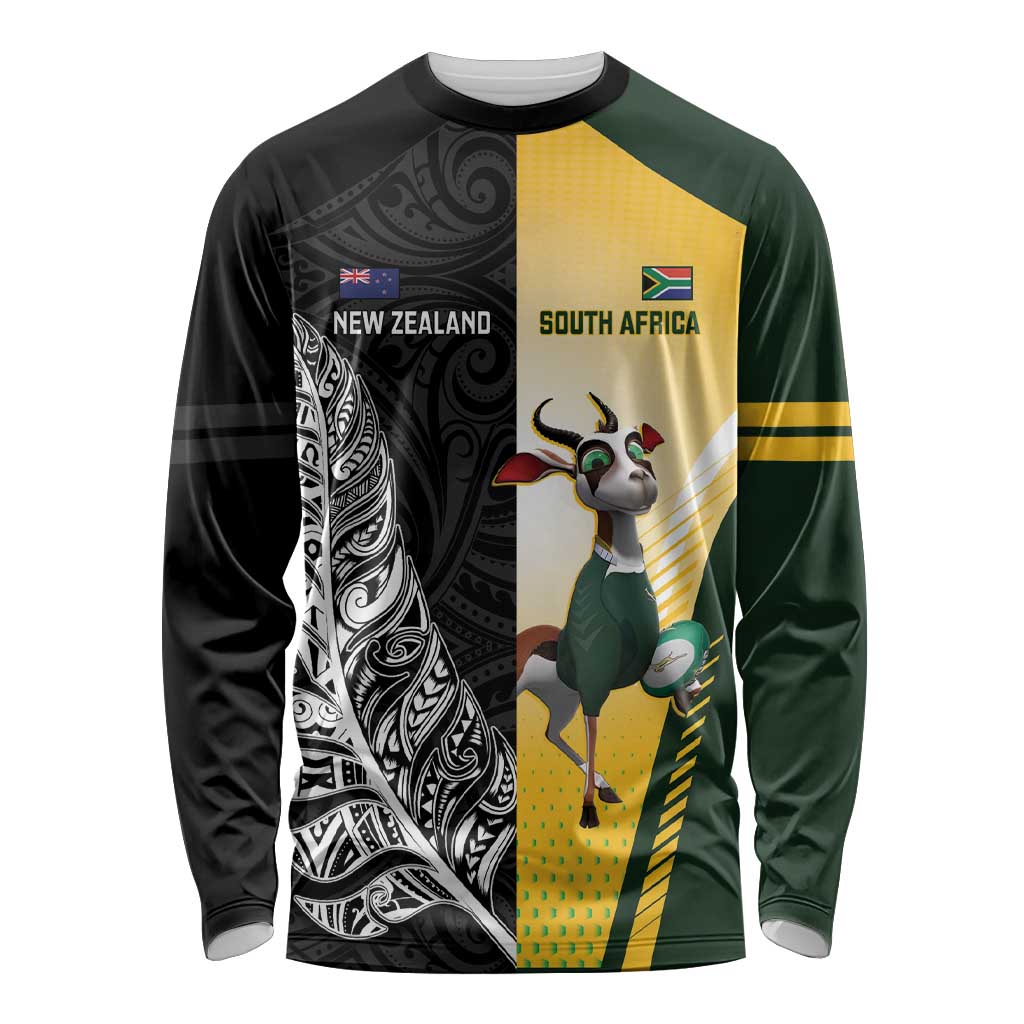 New Zealand and South Africa Rugby Custom Long Sleeve Shirt Maori Silver Fern Springbok Together - Polynesian Pride