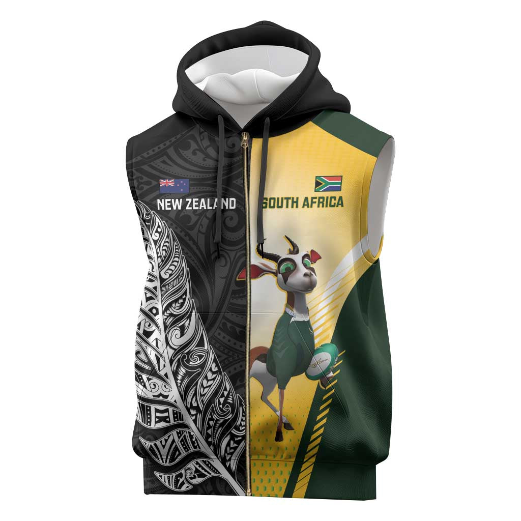 New Zealand and South Africa Rugby Custom Sleeveless Zip Hoodie Maori Silver Fern Springbok Together - Polynesian Pride