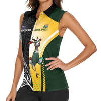 New Zealand and South Africa Rugby Custom Women Sleeveless Polo Shirt Maori Silver Fern Springbok Together - Polynesian Pride