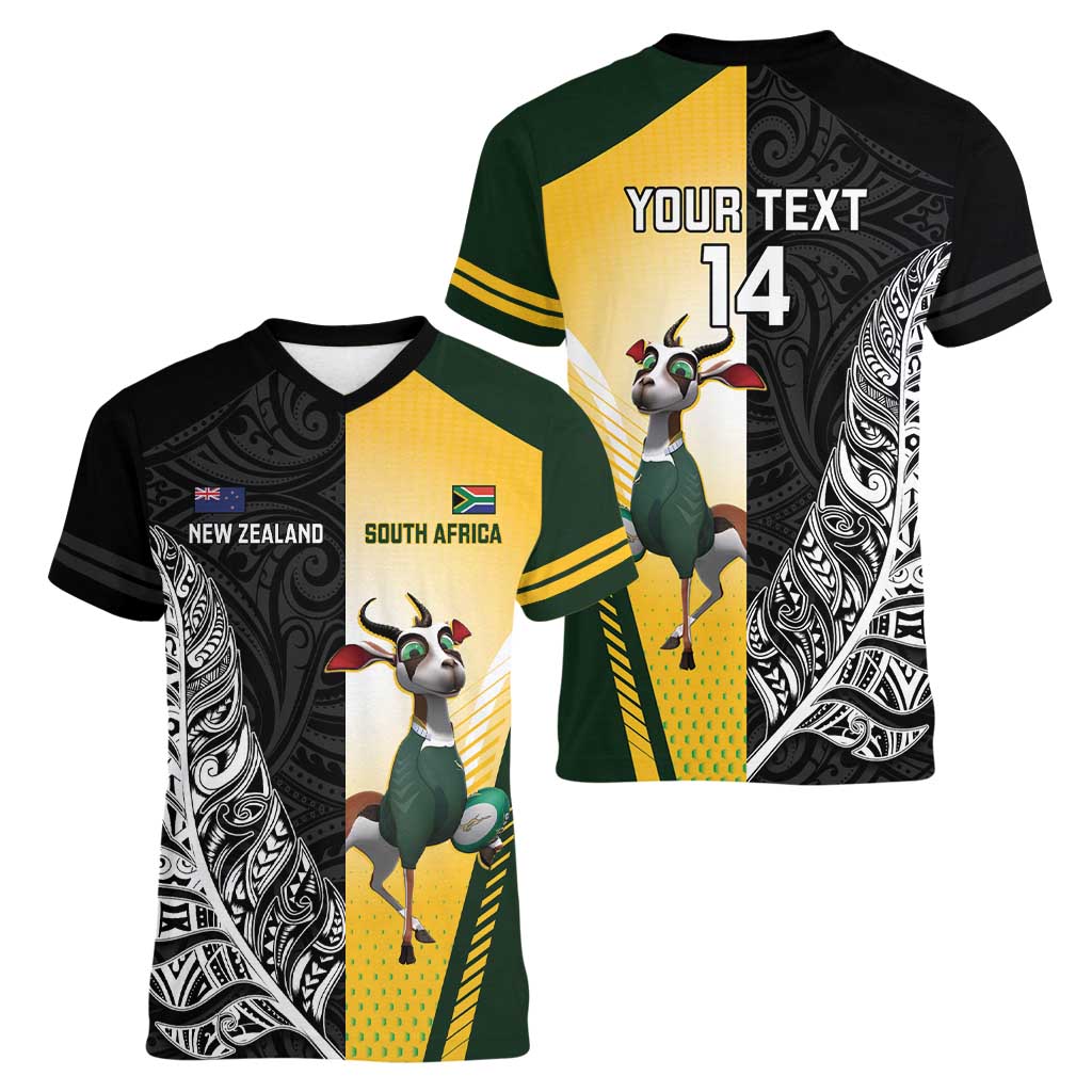 New Zealand and South Africa Rugby Custom Women V-Neck T-Shirt Maori Silver Fern Springbok Together - Polynesian Pride