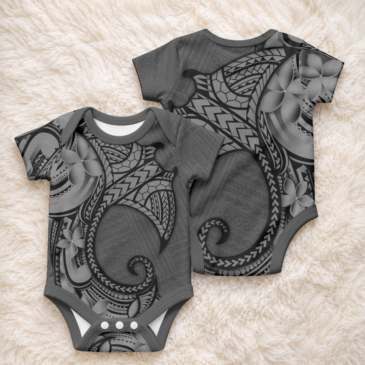 Polynesia Manta Ray Tattoo Baby Onesie Tropical Plumeria Gray Polynesian Pattern LT14 - Polynesian Pride