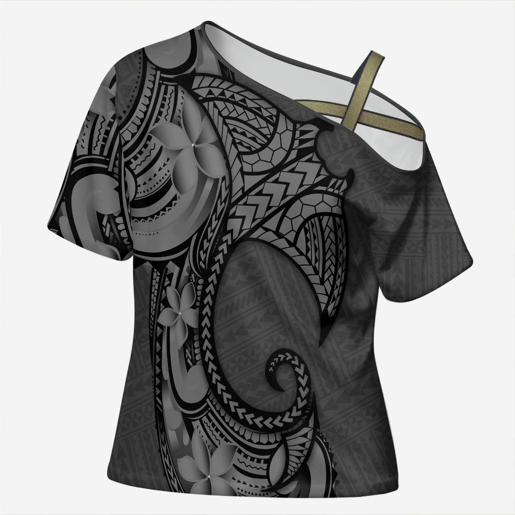 Polynesia Manta Ray Tattoo Cross Shoulder Shirt Tropical Plumeria Gray Polynesian Pattern LT14 Female Gray - Polynesian Pride