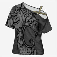Polynesia Manta Ray Tattoo Cross Shoulder Shirt Tropical Plumeria Gray Polynesian Pattern LT14 Female Gray - Polynesian Pride