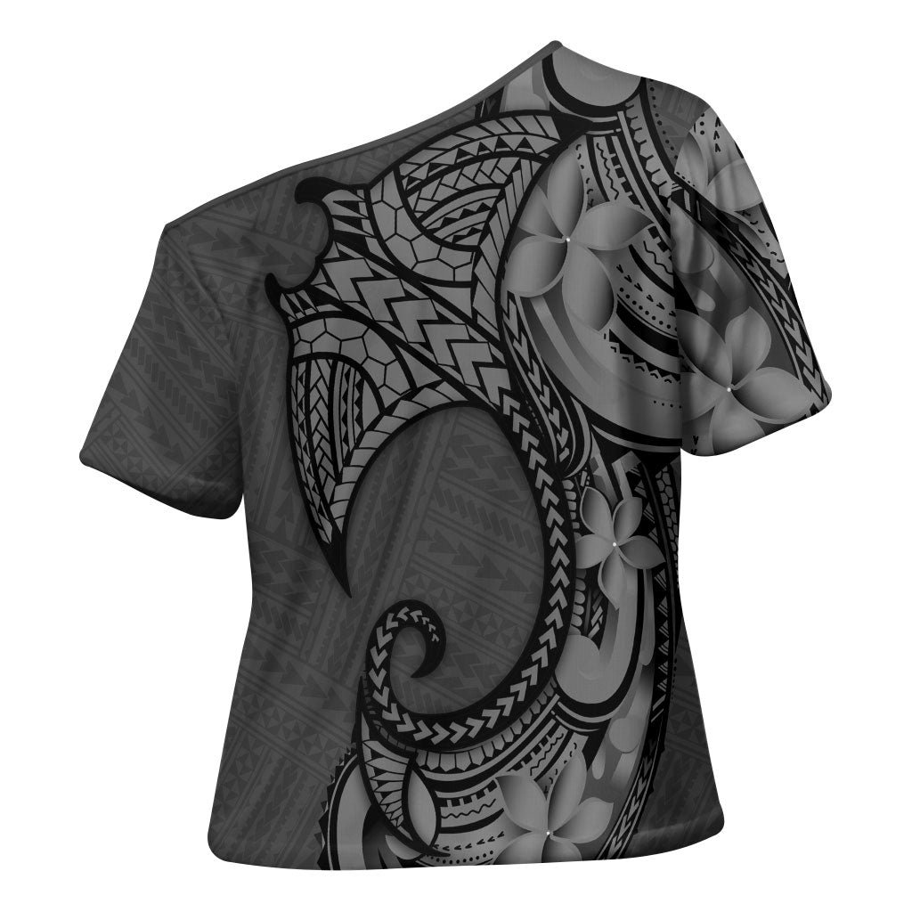 Polynesia Manta Ray Tattoo Cross Shoulder Shirt Tropical Plumeria Gray Polynesian Pattern LT14 - Polynesian Pride