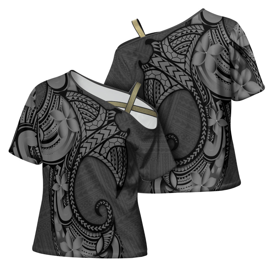 Polynesia Manta Ray Tattoo Cross Shoulder Shirt Tropical Plumeria Gray Polynesian Pattern LT14 - Polynesian Pride