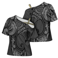 Polynesia Manta Ray Tattoo Cross Shoulder Shirt Tropical Plumeria Gray Polynesian Pattern LT14 - Polynesian Pride