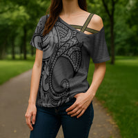 Polynesia Manta Ray Tattoo Cross Shoulder Shirt Tropical Plumeria Gray Polynesian Pattern LT14 - Polynesian Pride