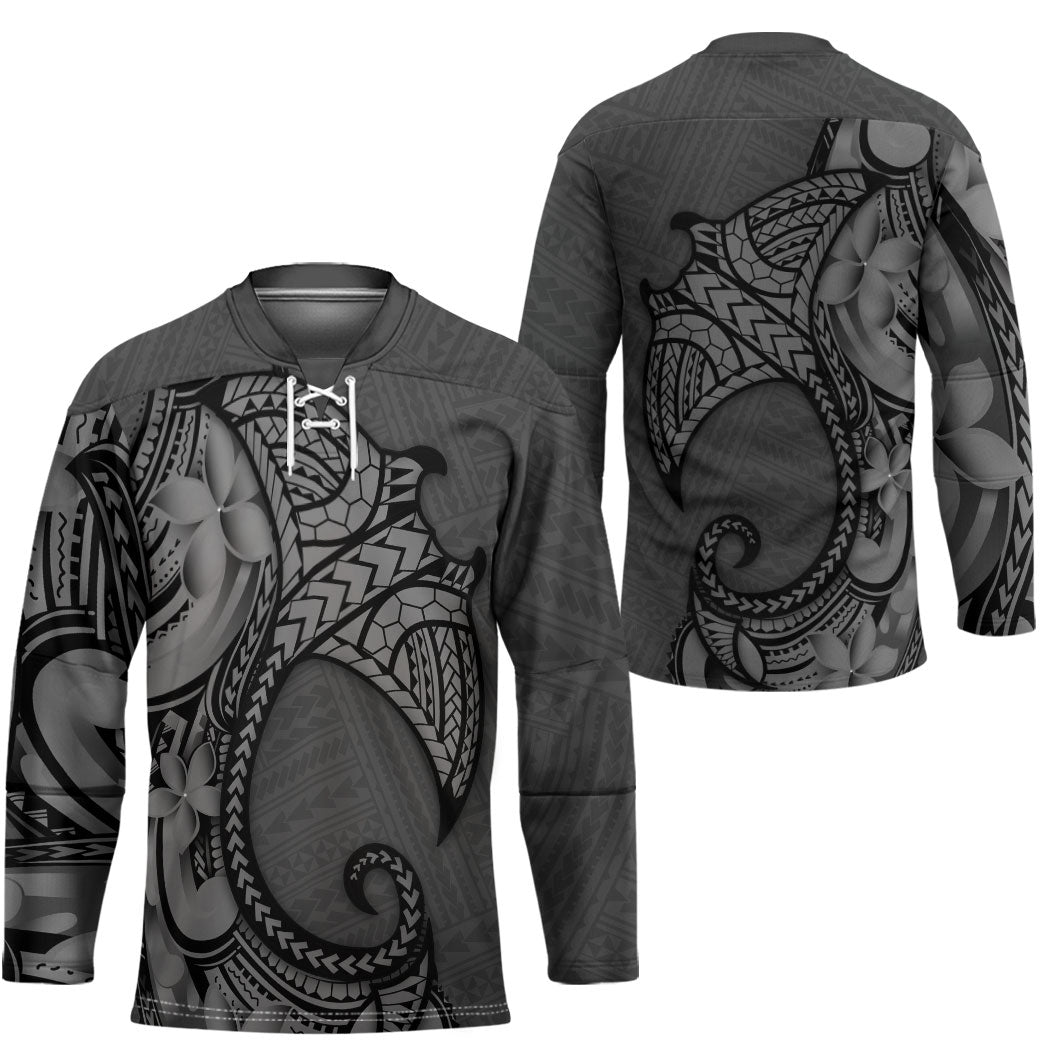 Polynesia Manta Ray Tattoo Hockey Jersey Tropical Plumeria Gray Polynesian Pattern LT14 - Polynesian Pride