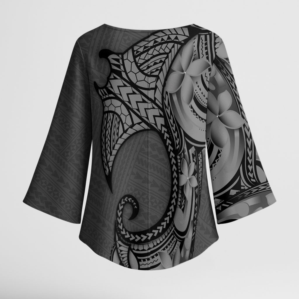 Polynesia Manta Ray Tattoo Kimono Sleeve Blouse Tropical Plumeria Gray Polynesian Pattern LT14 - Polynesian Pride