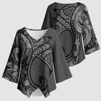 Polynesia Manta Ray Tattoo Kimono Sleeve Blouse Tropical Plumeria Gray Polynesian Pattern LT14 - Polynesian Pride