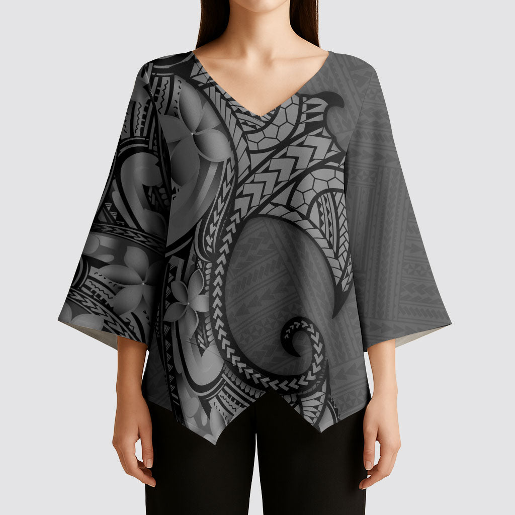 Polynesia Manta Ray Tattoo Kimono Sleeve Blouse Tropical Plumeria Gray Polynesian Pattern LT14 - Polynesian Pride