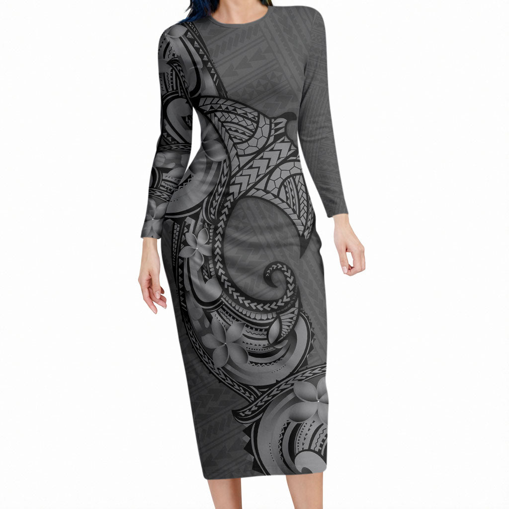 Polynesia Manta Ray Tattoo Long Sleeve Bodycon Dress Tropical Plumeria Gray Polynesian Pattern LT14 Long Dress Gray - Polynesian Pride
