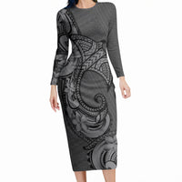 Polynesia Manta Ray Tattoo Long Sleeve Bodycon Dress Tropical Plumeria Gray Polynesian Pattern LT14 Long Dress Gray - Polynesian Pride