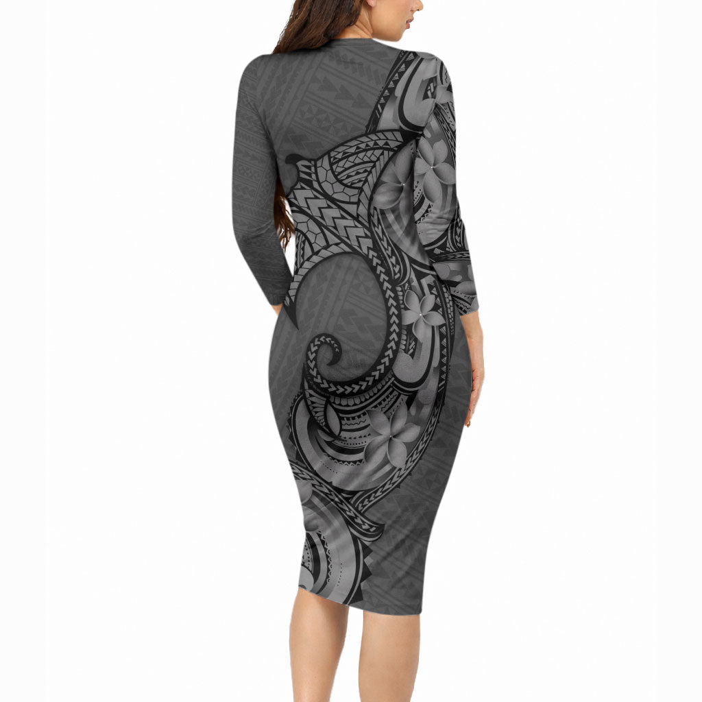 Polynesia Manta Ray Tattoo Long Sleeve Bodycon Dress Tropical Plumeria Gray Polynesian Pattern LT14 - Polynesian Pride