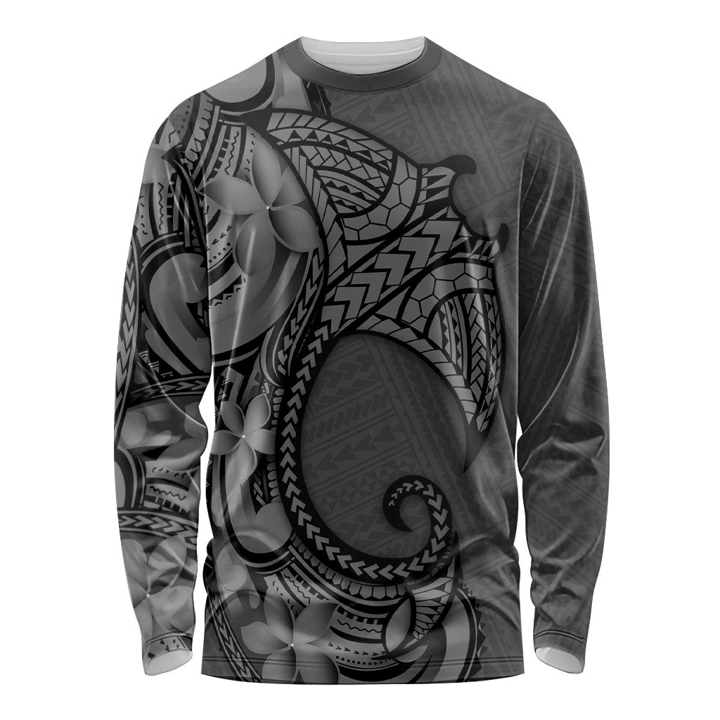 Polynesia Manta Ray Tattoo Long Sleeve Shirt Tropical Plumeria Gray Polynesian Pattern LT14 Unisex Gray - Polynesian Pride