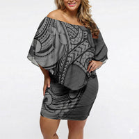 Polynesia Manta Ray Tattoo Off Shoulder Short Dress Tropical Plumeria Gray Polynesian Pattern LT14 Women Gray - Polynesian Pride
