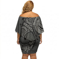 Polynesia Manta Ray Tattoo Off Shoulder Short Dress Tropical Plumeria Gray Polynesian Pattern LT14 - Polynesian Pride