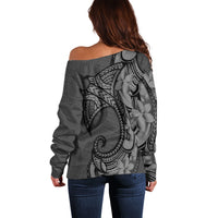 Polynesia Manta Ray Tattoo Off Shoulder Sweater Tropical Plumeria Gray Polynesian Pattern LT14 - Polynesian Pride
