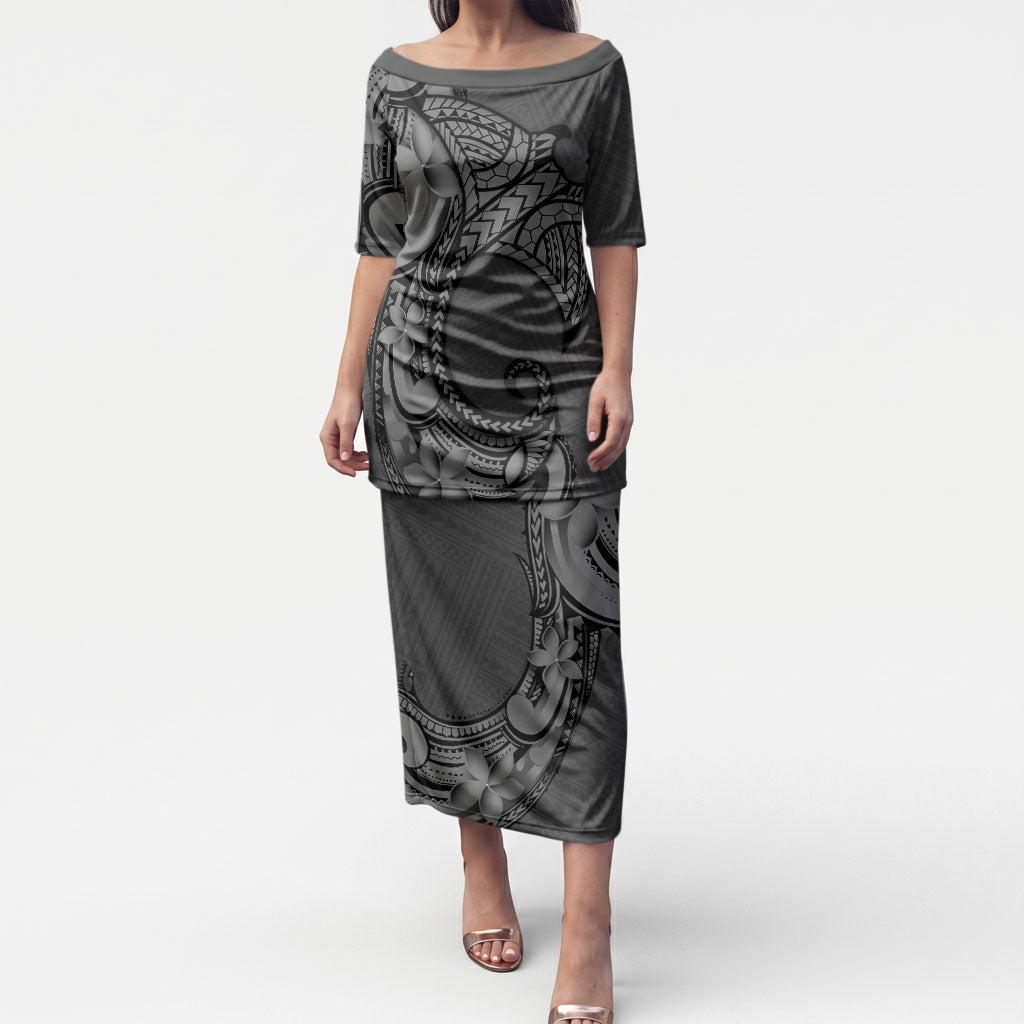 Polynesia Manta Ray Tattoo Puletasi Tropical Plumeria Gray Polynesian Pattern LT14 Long Dress Gray - Polynesian Pride