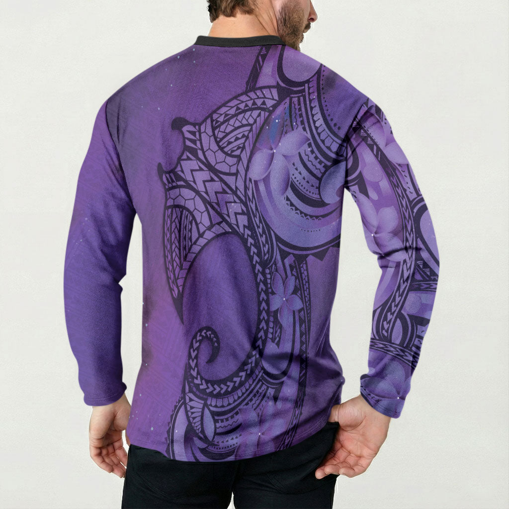 Polynesia Manta Ray Tattoo Button Sweatshirt Tropical Plumeria Purple Polynesian Pattern LT14 - Polynesian Pride