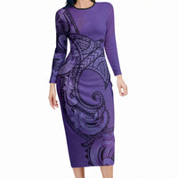 Polynesia Manta Ray Tattoo Long Sleeve Bodycon Dress Tropical Plumeria Purple Polynesian Pattern LT14 Long Dress Purple - Polynesian Pride