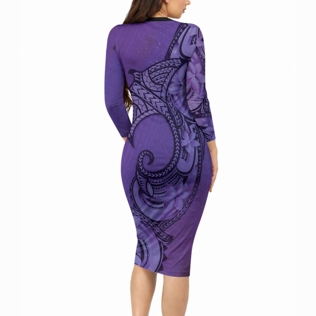 Polynesia Manta Ray Tattoo Long Sleeve Bodycon Dress Tropical Plumeria Purple Polynesian Pattern LT14 - Polynesian Pride