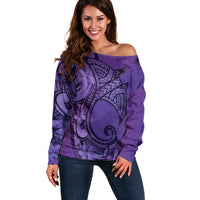 Polynesia Manta Ray Tattoo Off Shoulder Sweater Tropical Plumeria Purple Polynesian Pattern LT14 Women Purple - Polynesian Pride