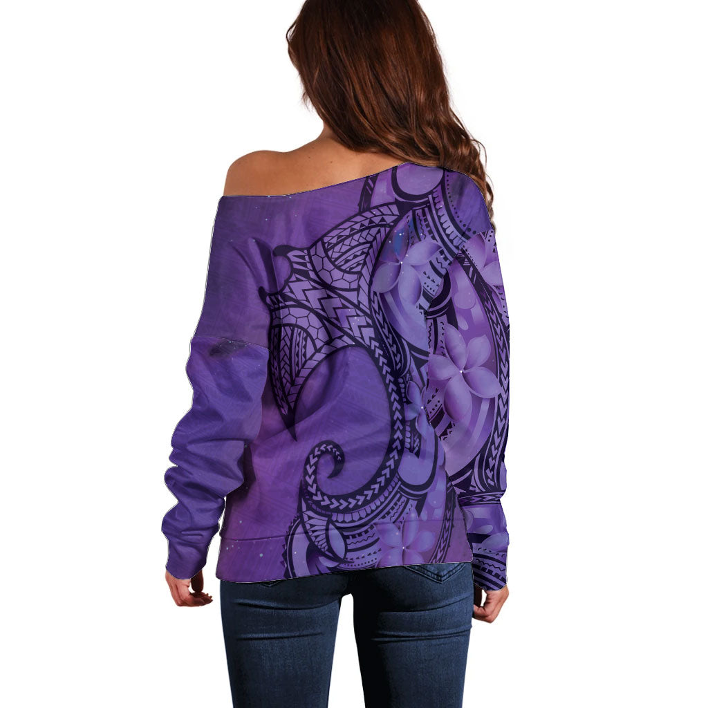 Polynesia Manta Ray Tattoo Off Shoulder Sweater Tropical Plumeria Purple Polynesian Pattern LT14 - Polynesian Pride