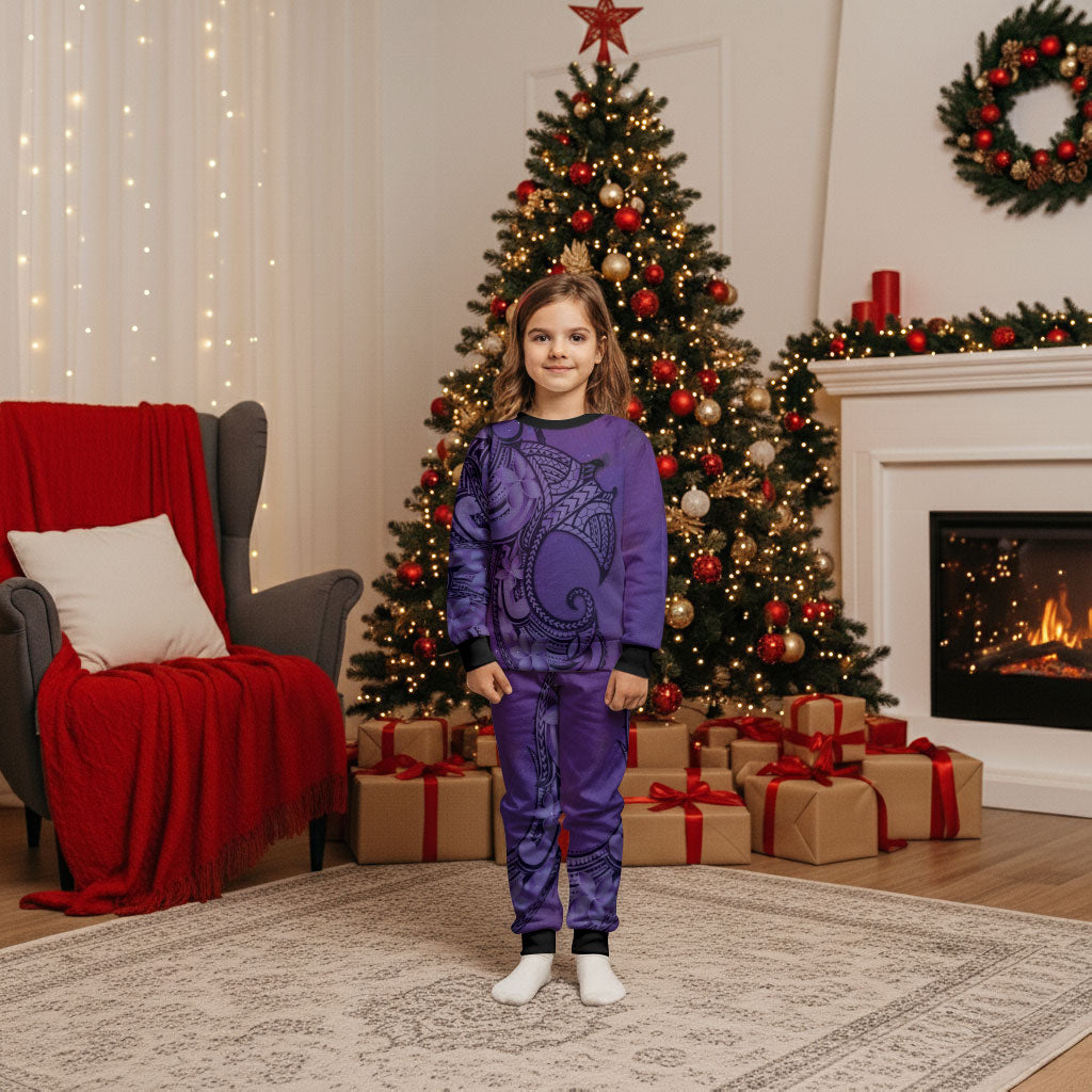 Polynesia Manta Ray Tattoo Christmas Pajama Set Tropical Plumeria Purple Polynesian Pattern LT14 Kid Purple - Polynesian Pride