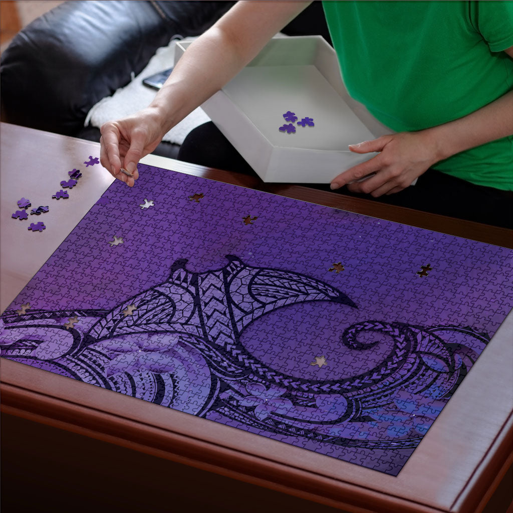 Polynesia Manta Ray Tattoo Puzzle Tropical Plumeria Purple Polynesian Pattern LT14 - Polynesian Pride