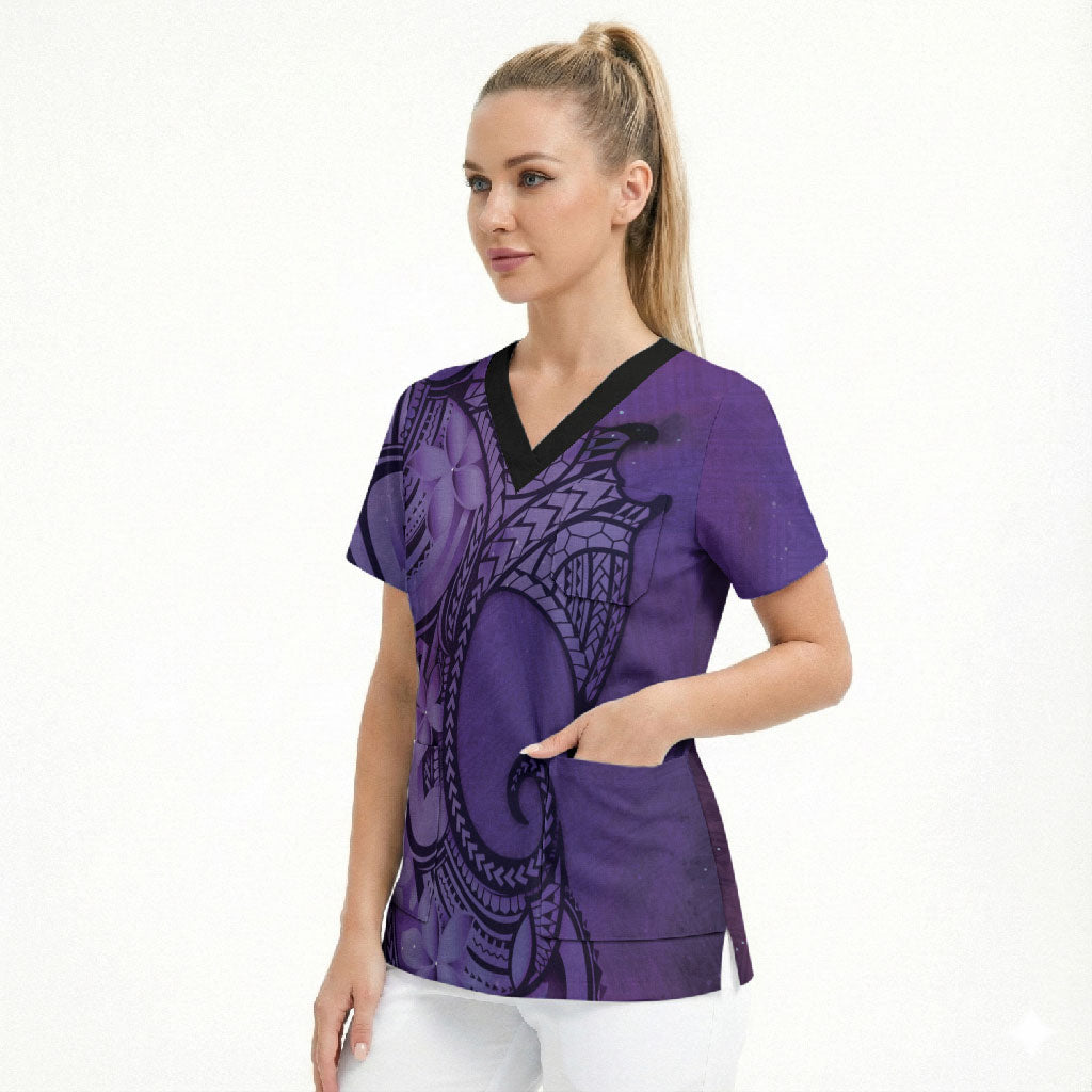 Polynesia Manta Ray Tattoo Scrub Top Tropical Plumeria Purple Polynesian Pattern LT14 - Polynesian Pride