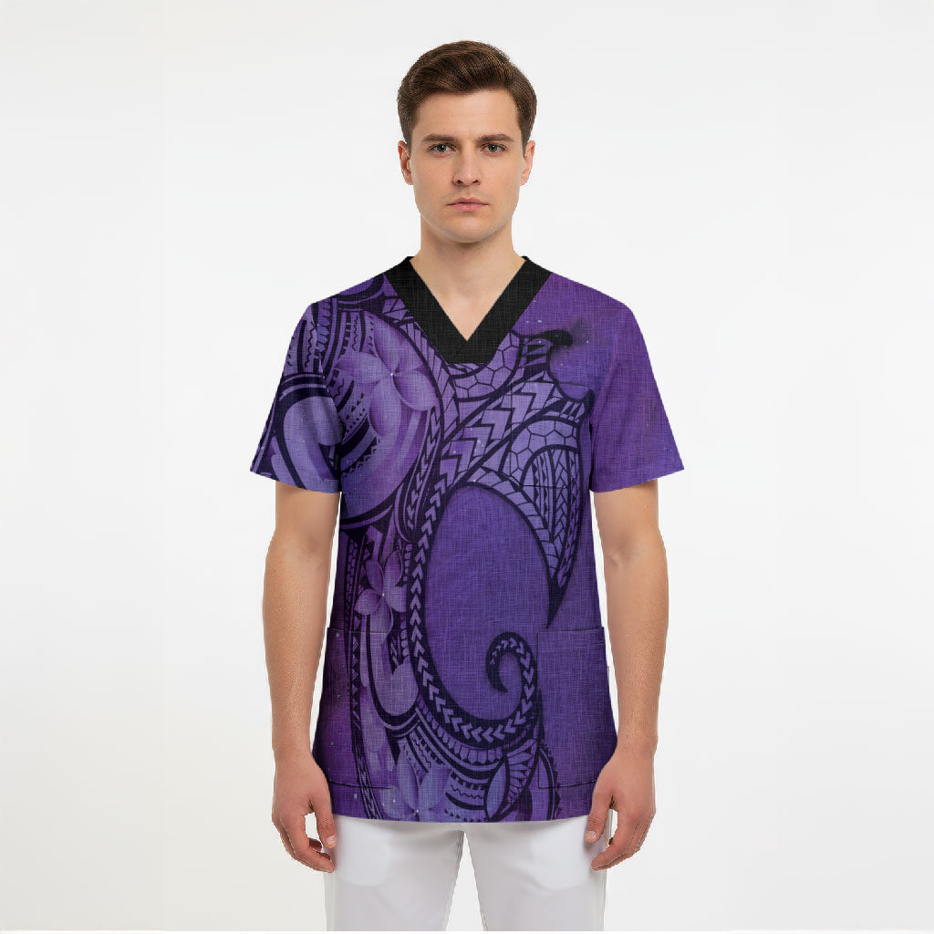 Polynesia Manta Ray Tattoo Scrub Top Tropical Plumeria Purple Polynesian Pattern LT14 - Polynesian Pride