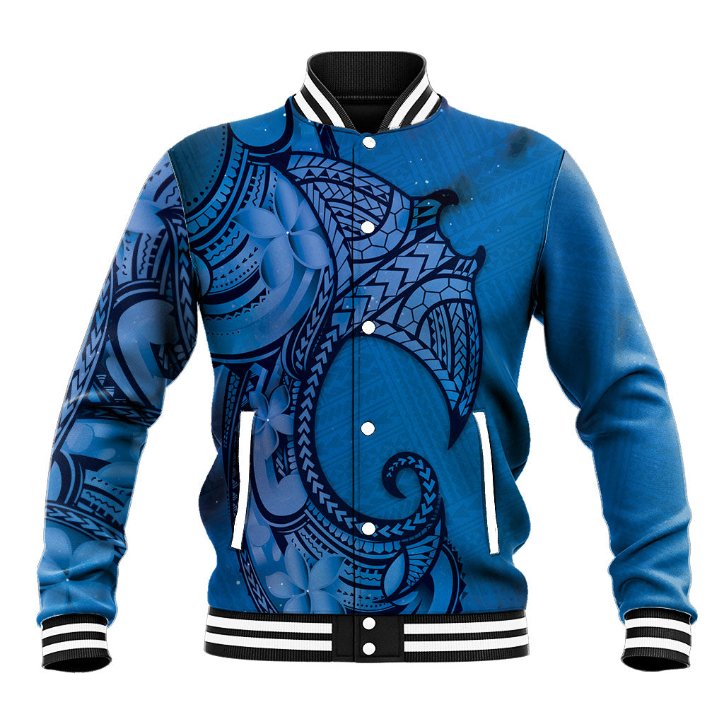 Polynesia Manta Ray Tattoo Baseball Jacket Tropical Plumeria Blue Polynesian Pattern LT14 Unisex Blue - Polynesian Pride