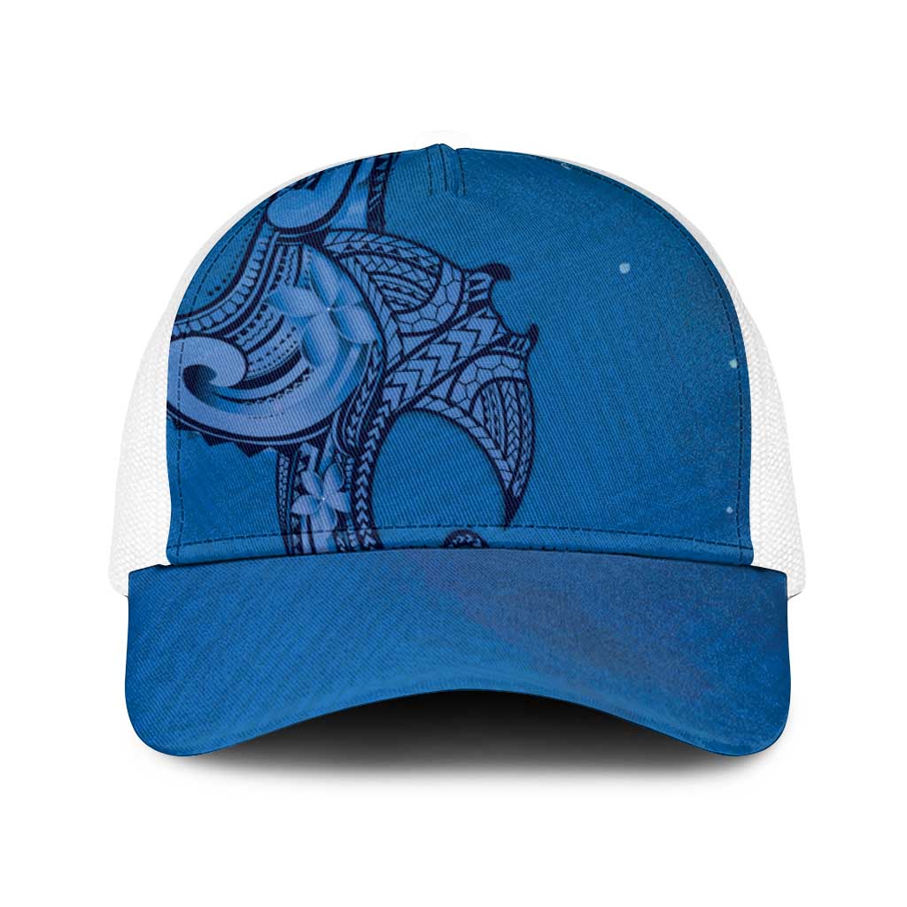 Polynesia Manta Ray Tattoo Baseball Net Cap Tropical Plumeria Blue Polynesian Pattern LT14 One Size White Blue - Polynesian Pride