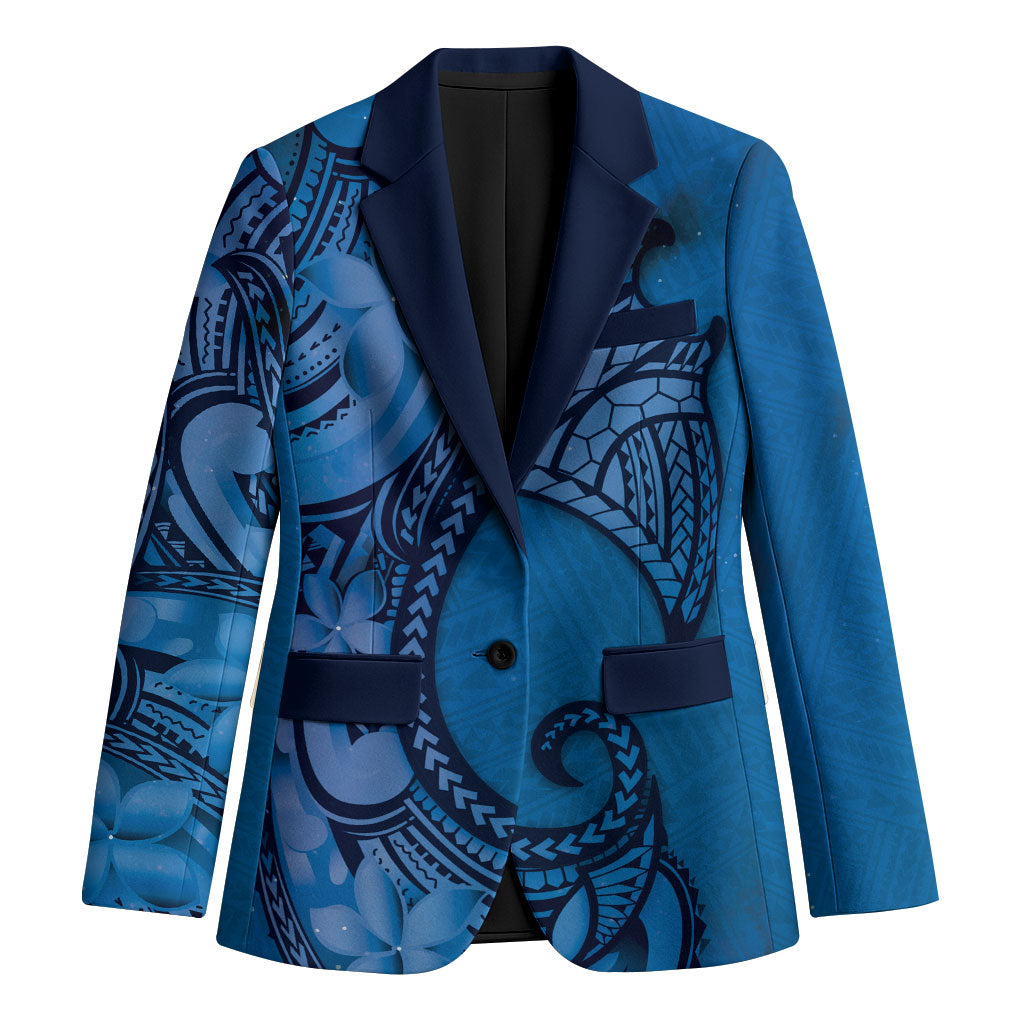 Polynesia Manta Ray Tattoo Blazer Tropical Plumeria Blue Polynesian Pattern