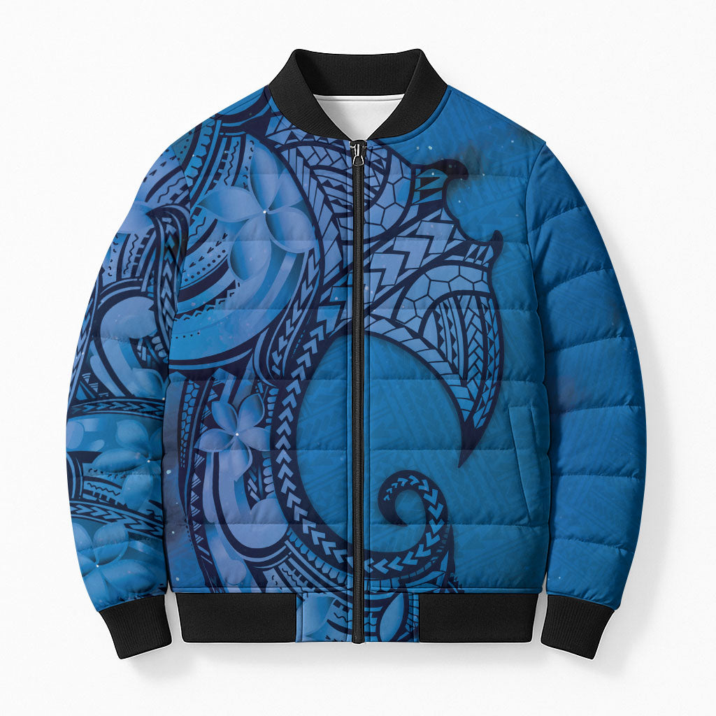 Polynesia Manta Ray Tattoo Bomber Puffer Jacket Tropical Plumeria Blue Polynesian Pattern LT14 Unisex Blue - Polynesian Pride