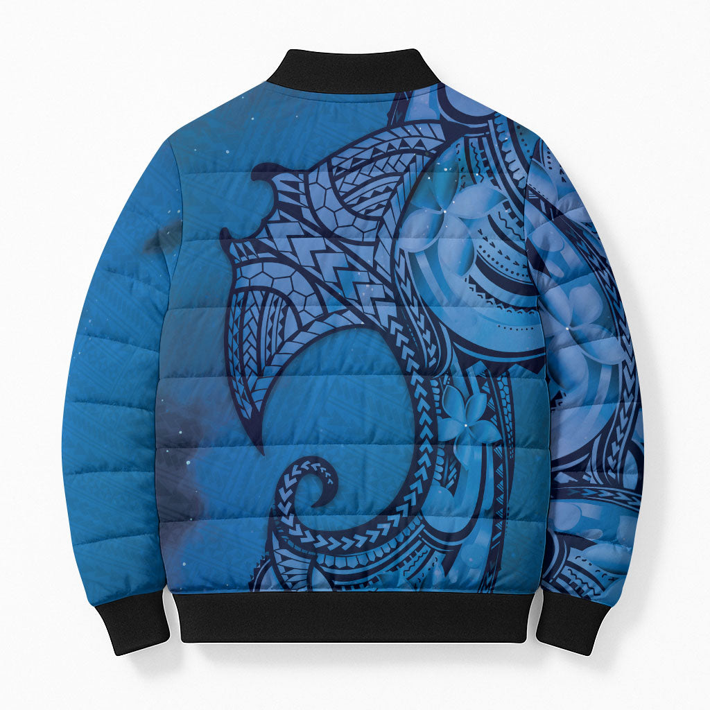Polynesia Manta Ray Tattoo Bomber Puffer Jacket Tropical Plumeria Blue Polynesian Pattern LT14 - Polynesian Pride