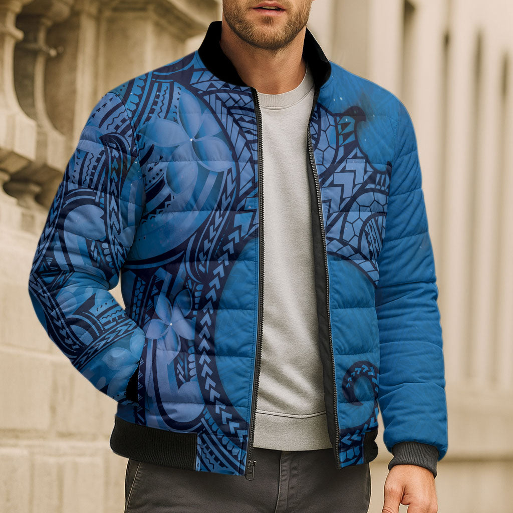 Polynesia Manta Ray Tattoo Bomber Puffer Jacket Tropical Plumeria Blue Polynesian Pattern LT14 - Polynesian Pride