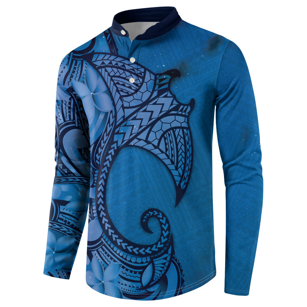 Polynesia Manta Ray Tattoo Button Sweatshirt Tropical Plumeria Blue Polynesian Pattern LT14 - Polynesian Pride