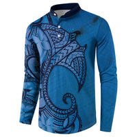 Polynesia Manta Ray Tattoo Button Sweatshirt Tropical Plumeria Blue Polynesian Pattern LT14 - Polynesian Pride