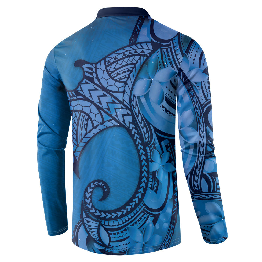 Polynesia Manta Ray Tattoo Button Sweatshirt Tropical Plumeria Blue Polynesian Pattern LT14 - Polynesian Pride