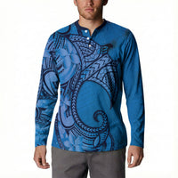 Polynesia Manta Ray Tattoo Button Sweatshirt Tropical Plumeria Blue Polynesian Pattern LT14 - Polynesian Pride