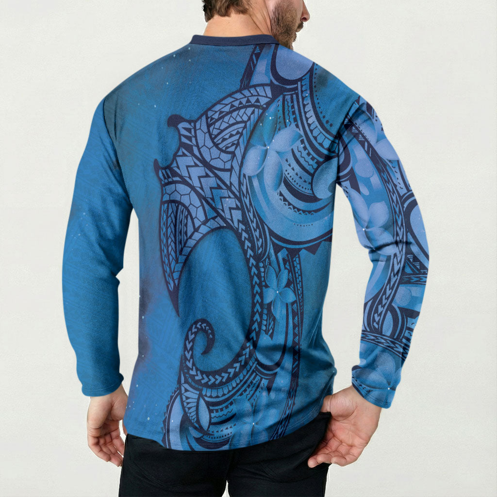 Polynesia Manta Ray Tattoo Button Sweatshirt Tropical Plumeria Blue Polynesian Pattern LT14 - Polynesian Pride