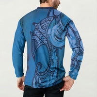 Polynesia Manta Ray Tattoo Button Sweatshirt Tropical Plumeria Blue Polynesian Pattern LT14 - Polynesian Pride