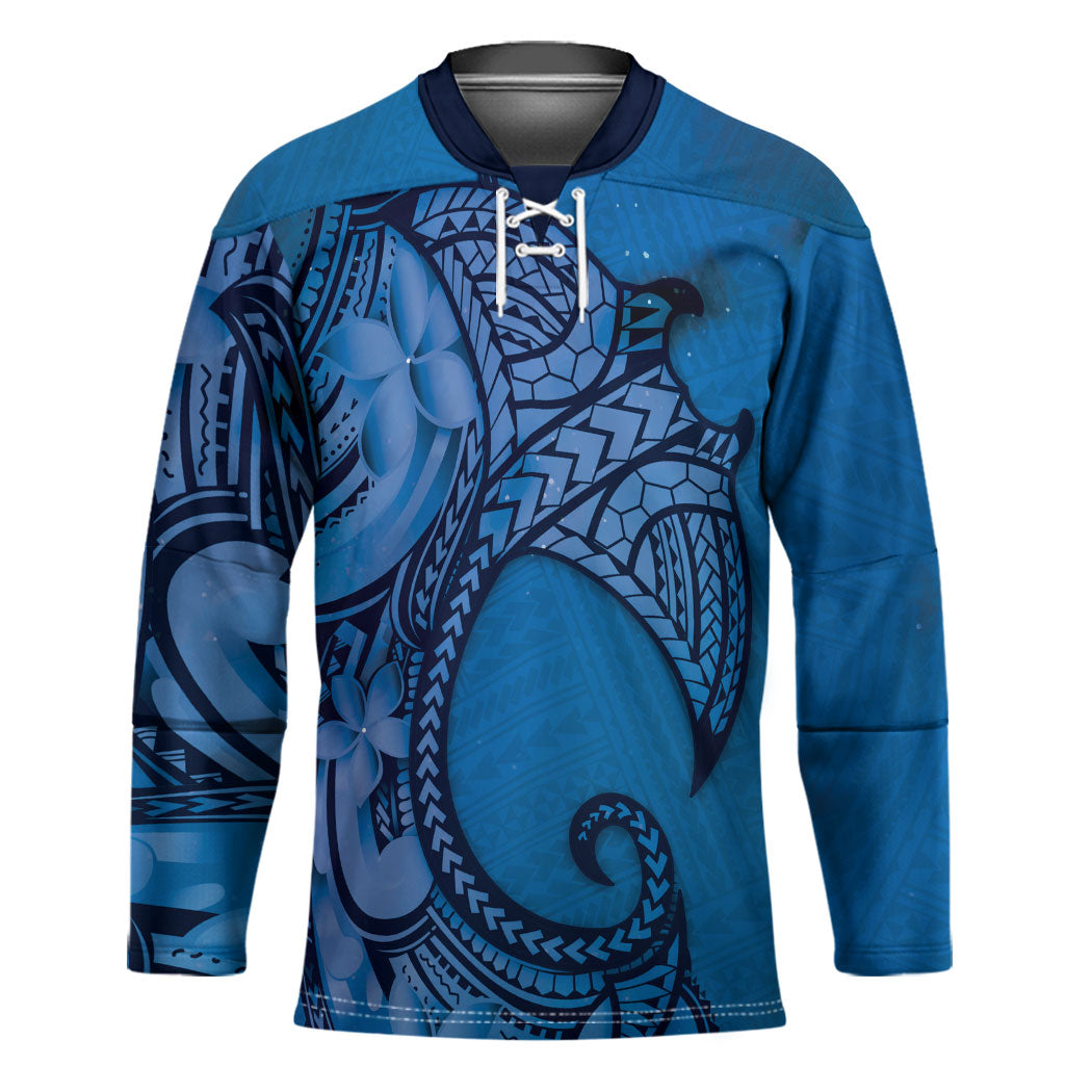 Polynesia Manta Ray Tattoo Hockey Jersey Tropical Plumeria Blue Polynesian Pattern LT14 Unisex Blue - Polynesian Pride