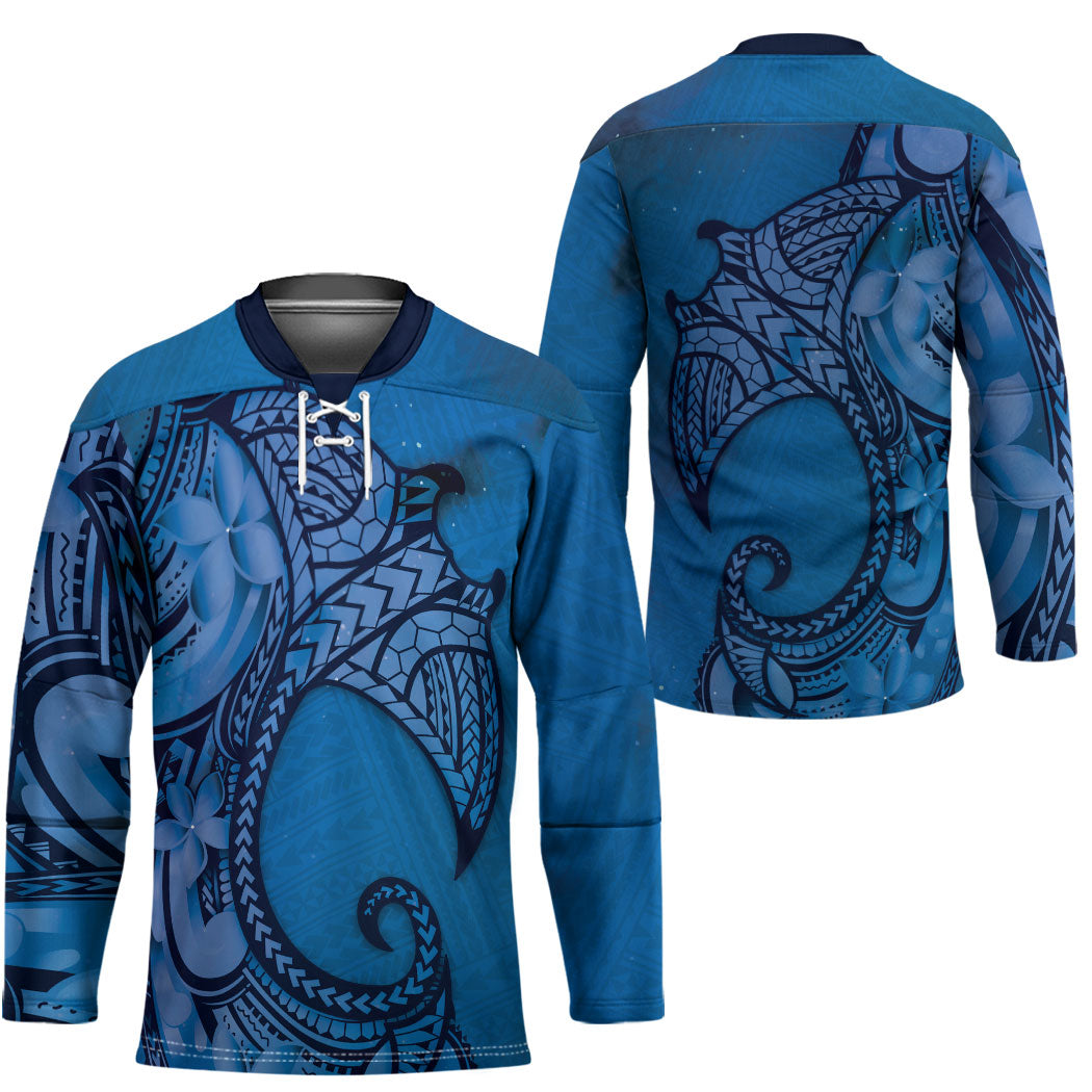 Polynesia Manta Ray Tattoo Hockey Jersey Tropical Plumeria Blue Polynesian Pattern LT14 - Polynesian Pride