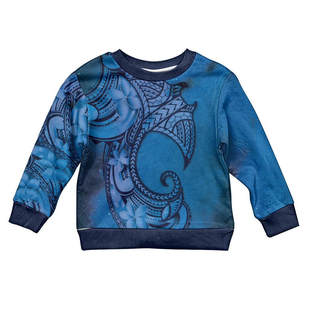 Polynesia Manta Ray Tattoo Kid Ugly Christmas Sweater Tropical Plumeria Blue Polynesian Pattern
